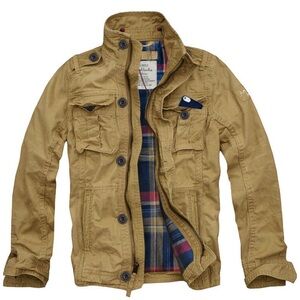 Mens CALI HOLI Flannel Lined Military Cargo Jacket Camel